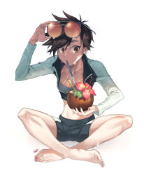 1girl barefoot bendy_straw blue_shorts breasts brown_eyes brown_hair casual cleavage coconut collarbone commentary drink drinking drinking_straw ear_piercing earrings eyewear_on_head feet fingernails food fruit hand_on_eyewear hand_up highres holding indian_style jewelry long_fingernails long_sleeves maro_(lij512) nail_polish overwatch piercing pink_nails shirt short_shorts shorts simple_background sitting small_breasts solo spiked_hair sunglasses sweat swept_bangs toenail_polish toenails toes tracer_(overwatch) white_background