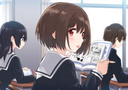 Rule 34 | 1boy, 2girls, :p, black hair, black shirt, blue eyes, blush, bob cut, book, brown eyes, brown hair, classroom, commentary request, desk, from side, highres, holding, holding book, indoors, long hair, looking at viewer, looking to the side, manga (object), math, mousou (mousou temporary), multiple girls, open book, original, pen, red eyes, sailor collar, school, school desk, school uniform, serafuku, shirt, short hair, solo focus, tongue, tongue out, white sailor collar, writing