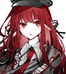 Rule 34 | 1girl, arknights, bad id, bad twitter id, black hat, collared shirt, female focus, hat, highres, necktie, open mouth, pointy ears, red eyes, red hair, red necktie, shiosan, shirt, simple background, sketch, solo, uniform, upper body, vigna (arknights), white background, white shirt