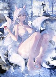 Rule 34 | absurdres, animal ears, barefoot, blue eyes, breasts, choko (cup), cleavage, collarbone, commentary, crossed bangs, cup, english commentary, feet, fox ears, full body, grin, hair between eyes, highres, holding, kitsune, large breasts, looking at viewer, mole, mole on breast, naked towel, oil lamp, original, outdoors, shadow, sharp teeth, sitting, smile, solo, steam, steaming body, teeth, thighs, toes, towel, tree, water, white hair, whois, winter