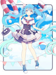 Rule 34 | 1girl, :o, absurdres, bag, ball, banner, bare legs, bare shoulders, beachball, blue eyes, blue hair, blush, boots, bow, bubble, cross-laced footwear, dress, dress bow, dress straps, floating hair, food, footwear bow, gradient hair, hair ribbon, handbag, hat, hat bow, hatsune miku, high heel boots, high heels, highres, holding, holding food, hoshifuru akiyo, layered dress, lifebuoy, long hair, multicolored hair, nail polish, neck ribbon, off-shoulder dress, off shoulder, open mouth, petticoat, pleated dress, popsicle, ribbon, sailor collar, sailor hat, seashell, shell, short sleeves, signature, sky, solo, standing, standing on one leg, swim ring, twintails, very long hair, vocaloid