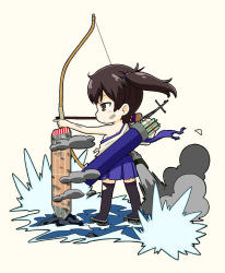 Rule 34 | 10s, 1girl, archery, arrow (projectile), blush stickers, bow (weapon), breasts, brown eyes, brown hair, chibi, drawing bow, gloves, holding bow (weapon), japanese clothes, kaga (kancolle), kantai collection, kyuudou, machinery, medium breasts, off shoulder, partially fingerless gloves, partly fingerless gloves, personification, ponytail, quiver, side ponytail, sideboob, solo, thighhighs, torn clothes, water, weapon, yugake, yuuma (skirthike)