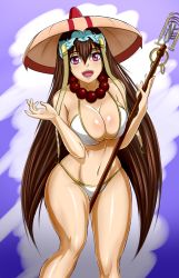 Rule 34 | 1girl, bead necklace, beads, bikini, bikini top only, breasts, brown hair, fate/grand order, fate (series), gourd, hat, huge breasts, ichimegasa, jewelry, necklace, off shoulder, smile, swimsuit, xuangzang sanzang (fate), zantyarz