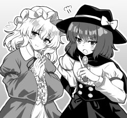 Rule 34 | 2girls, :o, absurdres, adapted costume, annoyed, black skirt, bow, brooch, buttons, cape, center frills, commentary request, dress, fedora, frilled sleeves, frills, greyscale, hand on own hip, hat, hat bow, highres, interlocked fingers, jewelry, juliet sleeves, kabi killer, long sleeves, medium hair, mob cap, monochrome, multiple girls, neck ribbon, necktie, pointing, puffy sleeves, ribbon, skirt, touhou, upper body, usami renko, v-shaped eyebrows, wide sleeves
