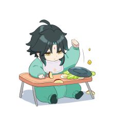Rule 34 | 1boy, aged down, apple, baby, bib, black hair, clenched hand, closed mouth, facial mark, food, forehead mark, fork, fruit, genshin impact, gradient hair, green hair, highres, hinohagohann, holding, holding fork, long sleeves, male focus, multicolored hair, orange eyes, plate, simple background, sitting, solo, white background, xiao (genshin impact)