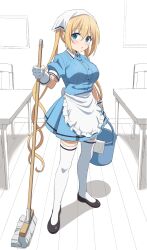 Rule 34 | 1girl, black footwear, blend s, blonde hair, blue hair, blue shirt, blue skirt, breasts, broom, bucket, chair, commentary request, full body, gloves, hair between eyes, head scarf, highres, hinata kaho, holding, holding broom, holding bucket, indoors, large breasts, long hair, looking at viewer, partial commentary, puffy short sleeves, puffy sleeves, shirt, shoes, short sleeves, sincos, skirt, solo, standing, table, thighhighs, twintails, white gloves, white thighhighs, zettai ryouiki