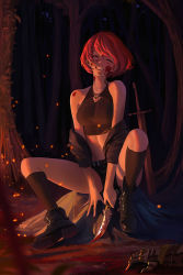 Rule 34 | 1girl, assassin, bare shoulders, black footwear, black jacket, black shirt, black shorts, black socks, blood, blood on face, bloody weapon, blurry, blurry foreground, closed eyes, commission, cool4noodle, crop top, dagger, embers, facing viewer, full body, gauntlets, grin, highres, holding, holding dagger, holding knife, holding weapon, jacket, knees up, knife, navel, night, off shoulder, original, planted, planted sword, planted weapon, red hair, shirt, short hair, short shorts, shorts, sitting, sleeveless, sleeveless shirt, smile, socks, sword, thighs, tree, weapon