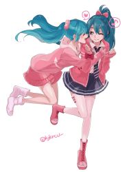 Rule 34 | 2girls, arrow print, blue hair, bow, closed eyes, commentary, dual persona, eighth note, full body, hair bow, hair ornament, hands up, hatsune miku, heart, high fever (module), highres, hug, lady-ichiko, leg up, long hair, looking at viewer, miniskirt, multiple girls, musical note, necktie, one eye closed, open mouth, pill, pink skirt, pink sweater, ponytail, project diva (series), ribbon girl (module), shirt, skirt, sleeves past wrists, slow motion (vocaloid), smile, socks, spoken heart, spoken musical note, standing, striped neckwear, sweater, thighhighs, twintails, twitter username, vocaloid, white legwear, white shirt