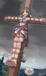 Rule 34 | 1girl, absurdres, ainu clothes, angry, animal ears, artist name, bare legs, barefoot, bdsm, bit gag, bondage, bound, bound toes, chest sarashi, clothes lift, cloud, cloudy sky, covered nipples, crotch rope, crucifixion, eruruw, flower, forest, gag, green hair, highres, long hair, looking at viewer, nature, nero augustus, panties, saliva, sarashi, see-through, shibari, sidelocks, sky, soles, tail, underwear, utawarerumono, yellow eyes