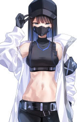 Rule 34 | 1girl, armband, belt, black belt, black gloves, black hair, black hat, black pants, blue archive, breasts, coat, crop top, gloves, grey eyes, hand in pocket, hand on headwear, hat, highres, long hair, long sleeves, mask, medium breasts, midriff, mouth mask, multicolored hair, navel, open clothes, open coat, origami, pants, ponpon nun, saori (blue archive), simple background, solo, turtleneck, white background, white coat