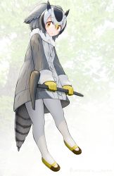 Rule 34 | 1girl, absurdres, bird girl, bird tail, bird wings, blonde hair, coat, commentary request, flying, fur collar, gloves, grey hair, hair between eyes, head wings, highres, kemono friends, long sleeves, looking at viewer, mary janes, multicolored hair, northern white-faced owl (kemono friends), orange eyes, owl ears, pantyhose, pickaxe, shoes, short hair, solo, tail, uepon (shimo ponzu), white coat, white fur, white hair, white pantyhose, wings, winter clothes, winter coat, yellow footwear, yellow gloves