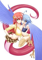 Rule 34 | 2girls, ;), ;d, ahoge, asymmetrical docking, belt, blue hair, blue wings, blush, breast press, breasts, cover, cover page, feathered wings, flat chest, full body, hair ornament, hairclip, harpy, lamia, large breasts, long hair, looking at viewer, manga cover, miia (monster musume), miniskirt, monster girl, monster musume no iru nichijou, multiple girls, navel, official art, okayado, one eye closed, open mouth, orange eyes, papi (monster musume), pointy ears, red hair, scales, shirt, short hair, short shorts, shorts, simple background, skirt, slit pupils, smile, talons, tied shirt, white background, winged arms, wings, yellow eyes