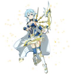 Rule 34 | 1girl, armor, armored boots, blue armor, blue eyes, blue hair, blue legwear, boots, bow (weapon), breasts, cleavage, cloak, closed mouth, detached sleeves, faulds, fingerless gloves, full body, gloves, highres, holding, holding bow (weapon), holding weapon, knee boots, looking at viewer, medium breasts, miniskirt, official art, pleated skirt, short hair, shoulder armor, sinon (solus), skirt, solo, sword art online, sword art online: memory defrag, thighs, transparent background, weapon, white cloak, white footwear, white gloves, white skirt, white sleeves