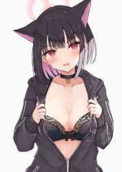 Rule 34 | 1girl, absurdres, animal ears, black bra, black choker, black jacket, blue archive, blush, bra, breasts, cat ears, choker, commentary, extra ears, halo, highres, hood, hooded jacket, jacket, kazusa (blue archive), kirin3939, kirin (kirin1023), large breasts, looking at viewer, medium hair, multicolored hair, open clothes, open jacket, open mouth, partially unzipped, pink hair, pink halo, red eyes, simple background, solo, two-tone hair, underwear