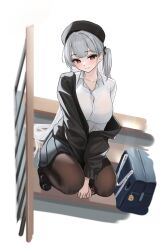 Rule 34 | 1girl, azur lane, bag, black hat, black jacket, black pantyhose, breasts, cellphone, cleavage, closed mouth, cross-shaped pupils, duffel bag, g home, grey hair, hat, highres, holding, holding phone, jacket, large breasts, long hair, looking at viewer, official alternate costume, one side up, open clothes, open jacket, pantyhose, phone, pleated skirt, red eyes, school bag, school uniform, scylla (azur lane), scylla (femme fatale fresher) (azur lane), side ponytail, skirt, smartphone, smile, solo, squatting, stairs, symbol-shaped pupils