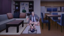 Rule 34 | 1boy, 1girl, balding, barefoot, blue hair, blush, bottomless, breasts, censored, chair, closed eyes, clothed sex, clothes lift, couch, covering own mouth, cushion, faceless, faceless male, feet, full body, game cg, indoors, large breasts, legs, lying, missionary, mosaic censoring, night, no panties, oikawa madoka, old, old man, original, penis, pussy, rin to shita tsuma wa, hitoshirezu midarazuma e to ochite, sex, short hair, spread legs, table, thighs, toes, un equals shokutarou, vaginal