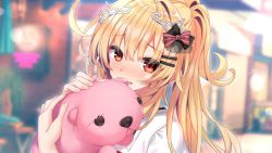 Rule 34 | 1girl, :d, black bow, blonde hair, blurry, blurry background, blush, bow, day, floating hair, game cg, hair between eyes, hair bow, honda tamanosuke, lens flare, long hair, open mouth, outdoors, ponytail, re:d cherish, red bow, red eyes, rouge wentworth, smile, solo, striped, striped bow, stuffed animal, stuffed toy, upper body, very long hair