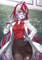 Rule 34 | 1girl, :o, absurdres, ahoge, alternate costume, alternate hairstyle, arm up, bespectacled, black nails, black pantyhose, black skirt, breasts, chalkboard, colored skin, commentary, contrapposto, cowboy shot, fingernails, glasses, green eyes, grey skin, hand on own hip, heterochromia, highres, holding, holding pointer, hololive, hololive indonesia, indoors, kureiji ollie, lab coat, long hair, math, mk (lazymk), multicolored hair, nail polish, pantyhose, patchwork skin, pencil skirt, pointer, rectangular eyewear, red-framed eyewear, red hair, red shirt, semi-rimless eyewear, shirt, silver hair, skirt, small breasts, solo, stitched face, stitches, teacher, thighband pantyhose, torn clothes, torn coat, torn pantyhose, torn skirt, under-rim eyewear, very long hair, virtual youtuber, yellow eyes