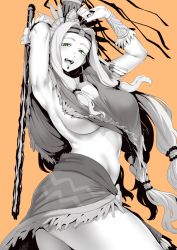Rule 34 | 1girl, armpits, arms behind head, arms up, bare shoulders, bracer, breasts, chin piercing, cleavage, fate/grand order, fate (series), feathers, green eyes, greyscale, greyscale with colored background, headband, headdress, highres, jewelry, large breasts, long hair, looking at viewer, monochrome, nakamura regura, navel, neck ring, open mouth, orange background, parted bangs, poncho, quetzalcoatl (fate), sash, smile, solo, spot color, thighs, underboob, weapon