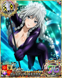 Rule 34 | 1girl, blue bow, bow, braid, breasts, card (medium), catsuit, chess piece, cleavage, female focus, grayfia lucifuge, grey eyes, grey hair, hair bow, high school dxd, large breasts, long hair, looking at viewer, maid headdress, matching hair/eyes, mature female, official art, queen (chess), red lips, smile, twin braids