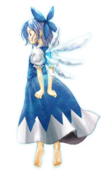 Rule 34 | 1girl, barefoot, bow, cirno, embodiment of scarlet devil, feet, female focus, full body, hair bow, ishiatama, simple background, solo, touhou, white background, wings
