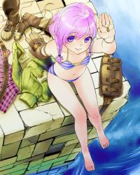 Rule 34 | 1girl, bad id, bad pixiv id, barefoot, bikini, boots, bracelet, braid, brick, clothes, face, feet, flat chest, foreshortening, from above, gloves, hair over shoulder, jewelry, legs, original, pendant, perspective, pink hair, purple eyes, short hair, single glove, sitting, smile, solo, striped bikini, striped clothes, swimsuit, twin braids, unworn boots, unworn clothes, uyama hajime, water, waterfall