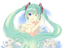 Rule 34 | 1girl, bad id, bad pixiv id, blue eyes, breasts, faefaea, flower, green hair, hatsune miku, headset, highres, long hair, looking at viewer, medium breasts, nude, one eye closed, smile, solo, twintails, vocaloid, wink