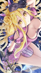 Rule 34 | 1girl, absurdres, black gloves, blonde hair, boots, breasts, cleavage, cleavage cutout, clothing cutout, commentary, constellation, date a live, double bun, dress, earth (planet), gloves, hair bun, highres, hoshimiya mukuro, kuro leika00x, large breasts, planet, space, staff, thighs, twintails, yellow eyes