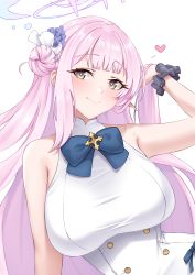 Rule 34 | 1girl, absurdres, blue archive, blue bow, blush, bow, breasts, crimecrime, dress, dress bow, flower, hair bun, hair flower, hair ornament, halo, hand in own hair, heart, highres, large breasts, long hair, looking at viewer, mika (blue archive), pink hair, purple flower, scrunchie, simple background, single side bun, sleeveless, sleeveless dress, smile, solo, upper body, white background, white dress, wrist scrunchie, yellow eyes