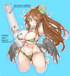 Rule 34 | 1girl, bikini, bird wings, black wings, blue background, blush, bow, breasts, cannon, commentary request, cowboy shot, curvy, english text, eyeball, green bikini, green bow, hair bow, huge breasts, looking at viewer, navel, ponytail, red eyes, reiuji utsuho, sachito, side-tie bikini bottom, solo, subterranean animism, swimsuit, third eye, toned, touhou, wading, wet, wings