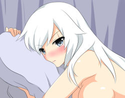 Rule 34 | 1girl, afterglow, alternate breast size, blue eyes, blush, breasts, long hair, looking at viewer, out-of-frame censoring, pillow, rwby, scar, shikniful, solo, tears, topless, weiss schnee, white hair