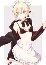 Rule 34 | 1girl, apron, artoria pendragon (all), artoria pendragon (alter swimsuit rider) (second ascension) (fate), artoria pendragon (fate), bad id, bad pixiv id, bikini, bikini top only, black bikini, black ribbon, blonde hair, breasts, cleavage, cowboy shot, detached collar, expressionless, fate/grand order, fate (series), frilled bikini, frills, hair between eyes, hair ribbon, honotai, long sleeves, looking at viewer, maid, maid bikini, maid headdress, medium breasts, navel, ribbon, saber alter, solo, swimsuit, unconventional maid, waist apron, yellow eyes
