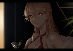 Rule 34 | 1girl, alcohol, bare shoulders, blonde hair, braid, breasts, chinese commentary, cleavage, closed mouth, cocktail, cocktail glass, commentary request, cup, dress, drink, drinking glass, earrings, feather boa, girls&#039; frontline, halter dress, halterneck, highres, holding, holding cup, indoors, jewelry, large breasts, letterboxed, long hair, looking at viewer, mixed-language commentary, official alternate costume, olive, ots-14 (girls&#039; frontline), ots-14 (ruler of the banquet) (girls&#039; frontline), partial commentary, plant, red dress, selcky, solo, yellow eyes