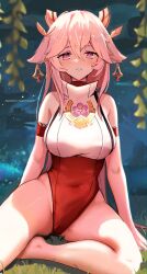 Rule 34 | 1girl, absurdres, animal ears, bare legs, bare shoulders, breasts, earrings, genshin impact, hair ornament, highres, jewelry, kana yukino, large breasts, leaf, leotard, long hair, night, on ground, outdoors, pink hair, purple eyes, sitting, solo, thick thighs, thighs, yae miko