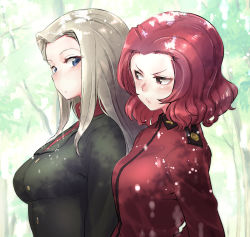 Rule 34 | 10s, 2girls, bad id, bad pixiv id, blonde hair, blue eyes, brown eyes, clara (girls und panzer), closed mouth, commentary, dappled sunlight, day, epaulettes, girls und panzer, glaring, green jacket, hori (hori no su), jacket, long hair, long sleeves, looking at another, medium hair, military, military uniform, multiple girls, outdoors, parted bangs, pravda school uniform, red hair, red jacket, red shirt, rosehip (girls und panzer), school uniform, shirt, st. gloriana&#039;s military uniform, standing, sunlight, turtleneck, uniform, upper body, v-shaped eyebrows