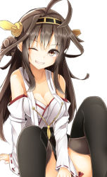 Rule 34 | 10s, 1girl, ahoge, bare shoulders, black thighhighs, breasts, brown eyes, brown hair, cleavage, collarbone, grin, hairband, highres, kantai collection, kongou (kancolle), long hair, medium breasts, mizushina minato, nontraditional miko, one eye closed, personification, smile, solo, thighhighs, wide sleeves, wink