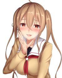 Rule 34 | 1girl, bad id, bad twitter id, beige sweater, black serafuku, black skirt, blush, brown eyes, collarbone, commentary request, kantai collection, light brown hair, long hair, looking at viewer, murasame (kancolle), neckerchief, one-hour drawing challenge, pleated skirt, red neckerchief, sailor collar, school uniform, serafuku, simple background, skirt, solo, sweat, tapisuke, twintails, upper body, white background, white sailor collar