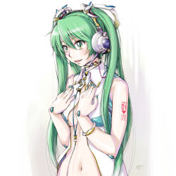 Rule 34 | 1girl, alternate costume, bracelet, breasts, cable, green eyes, green hair, hands on own chest, hatsune miku, hatsune miku (append), headgear, headphones, jewelry, light smile, long hair, matching hair/eyes, navel, neck ring, no bra, open clothes, open shirt, sameha ikuya, shirt, sleeveless, sleeveless shirt, solo, twintails, vocaloid, vocaloid append, white background