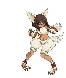 Rule 34 | 1girl, animal ears, animal hands, anklet, bandages, bare shoulders, brown eyes, brown hair, claws, dark-skinned female, dark skin, female focus, final fantasy, final fantasy tactics, full body, jewelry, midriff, pants, rapha galthena, short hair, simple background, solo, tail, tun, white background, wolf ears, wolf tail