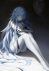 Rule 34 | 1girl, absurdres, ayanami rei, bandage over one eye, blue hair, bodysuit, commentary request, evangelion: 3.0+1.0 thrice upon a time, hairpods, highres, interface headset, long hair, madao, neon genesis evangelion, pilot suit, plugsuit, rebuild of evangelion, red eyes, sitting, solo, very long hair, white bodysuit