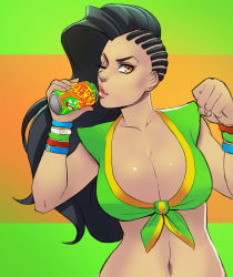 Rule 34 | 1girl, ;), asymmetrical hair, black hair, blanka, bracelet, brazil, breasts, brown eyes, cameo, can, cleavage, clenched hand, cornrows, crop top, dark-skinned female, dark skin, drink can, female focus, front-tie top, greenmarine, highres, jewelry, large breasts, laura matsuda, lips, long hair, looking at viewer, midriff, navel, nose, one eye closed, smile, soda can, solo, stomach, street fighter, street fighter v, upper body, vest, wavy hair, wristband