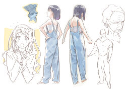 Rule 34 | 1boy, 3girls, art study, bare arms, bare shoulders, black hair, blazer, blue overalls, blunt bangs, collage, commentary request, do it yourself!!, from behind, full body, half updo, idolmaster, idolmaster cinderella girls, jacket, long hair, long sleeves, matsuo yuusuke, multiple girls, multiple views, overalls, shimamura uzuki, short hair, simple background, strapless, suride miku, surprised, tube top, upper body, white background, wrinkled skin