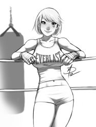 Rule 34 | 1girl, ai candy, bad deviantart id, bad id, bandages, bob cut, boxing ring, breasts, clothes writing, facial tattoo, greyscale, hand wraps, large breasts, leaning back, lips, midriff, mixed martial arts, monochrome, navel, original, polarityplus, punching bag, short hair, shorts, signature, smile, tank top, tattoo, toned, wrist wrap