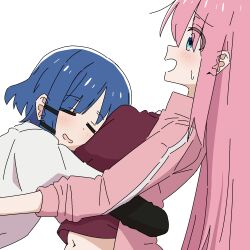 Rule 34 | 2girls, aroon, belly, blue eyes, blue hair, blush, bocchi the rock!, breast pillow, breast press, breasts, closed mouth, commentary request, elbow gloves, gloves, gotoh hitori, happy, highres, hug, jacket, long hair, medium breasts, multiple girls, navel, nervous smile, pink hair, pink jacket, short hair, smile, sweatdrop, upper body, yamada ryo