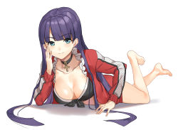 Rule 34 | 1girl, aqua eyes, bad id, bad pixiv id, bikini, bikini top only, breasts, cleavage, elbow rest, fate/grand order, fate (series), full body, jacket, large breasts, long hair, looking at viewer, lying, martha (fate), martha (swimsuit ruler) (fate), martha (swimsuit ruler) (second ascension) (fate), on stomach, purple hair, red jacket, shovelwall, shovelwell, smile, solo, swimsuit, track jacket