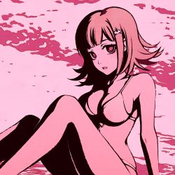 Rule 34 | 1girl, arm support, bad id, bad pixiv id, bare arms, bare shoulders, bikini, breasts, cleavage, cloud, collarbone, danganronpa (series), danganronpa 2: goodbye despair, danganronpa s: ultimate summer camp, flat color, flipped hair, front-tie bikini top, front-tie top, hair ornament, hairpin, knees up, large breasts, looking at viewer, moshimoshibe, nanami chiaki, open mouth, pink eyes, pink hair, pink theme, short hair, sitting, solo, swimsuit, teeth, upper teeth only