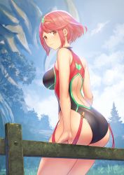 Rule 34 | 1girl, anbe yoshirou, ass, back cutout, bare arms, bare shoulders, breasts, closed mouth, clothing cutout, commentary request, competition swimsuit, day, earrings, emerald float, fence, gem, highres, jewelry, large breasts, looking at viewer, looking back, multicolored clothes, multicolored swimsuit, nintendo, one-piece swimsuit, outdoors, pyra (pro swimmer) (xenoblade), pyra (xenoblade), red eyes, red hair, short hair, sitting, smile, solo, swept bangs, swimsuit, thighs, tiara, tree, xenoblade chronicles (series), xenoblade chronicles 2
