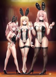 Rule 34 | 3girls, animal ears, black bow, black bowtie, black footwear, black legwear, black leotard, blonde hair, blush, bow, bowtie, breasts, covered navel, cup, detached collar, drinking glass, fake animal ears, fake tail, female focus, finalcake, fishnet legwear, fishnets, full body, gradient hair, grin, hair between eyes, heart pasties, height difference, high heels, highres, holding, holding cup, inui sajuna, inui shinju, kitagawa marin, large breasts, leotard, long hair, looking at viewer, medium breasts, meme attire, multicolored hair, multicolored leotard, multiple girls, pasties, pink eyes, pink hair, playboy bunny, rabbit ears, rabbit tail, red eyes, red hair, see-through, see-through leotard, siblings, sisters, skin tight, small breasts, smile, sono bisque doll wa koi wo suru, standing, strapless, strapless leotard, swept bangs, tail, thighhighs, thighs, translucent bunnysuit, wrist cuffs