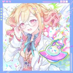 Rule 34 | &gt; &lt;, 0202ase, 1girl, @ @, aqua bow, aqua bowtie, bespectacled, blonde hair, blush, bow, bowtie, cardigan, chemistry, coat, commentary, desktop, erlenmeyer flask, flask, flying saucer, get over it. (project sekai), glasses, gradient hair, hair ornament, hairclip, highres, id card, lab coat, long hair, long sleeves, looking at viewer, monitor, multicolored hair, open clothes, open coat, open collar, open mouth, pen in pocket, pink eyes, pink hair, project sekai, rimless eyewear, round eyewear, scientist, spacecraft, sweater, symbol-only commentary, test tube, twintails, wavy hair, white coat, window (computing), yellow cardigan, yellow sweater