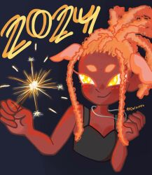 Rule 34 | 1girl, 2024, bare shoulders, black tank top, blonde hair, blush, breasts, dark-skinned female, dark skin, dreadlocks, fireworks, freckles, hair up, highres, holding, holding fireworks, jewelry, m4carunes, necklace, new year, original, silver necklace, small breasts, smile, solo, sparkler, tank top, upper body, yellow eyes